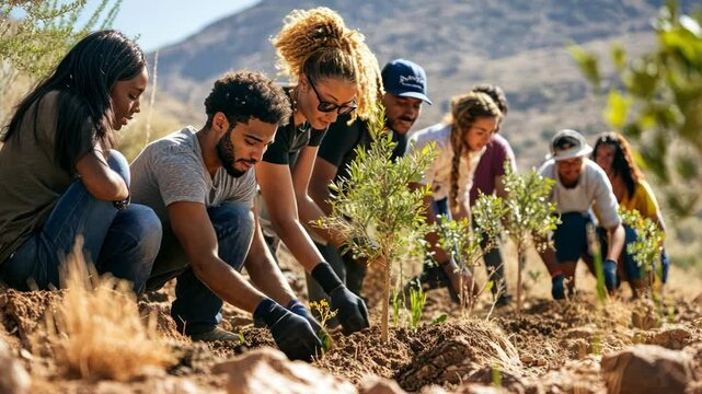 A diverse group of people are planting trees in a field. This group is diverse. It has people of different races and genders working together. The scene is positive and collaborative.