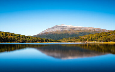 Serene mountain landscape with mirrored lake and clear blue sky during daylight