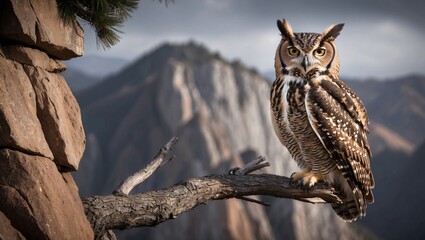 Fototapeta premium Great Horned Owl Perched on Rocky Cliffside