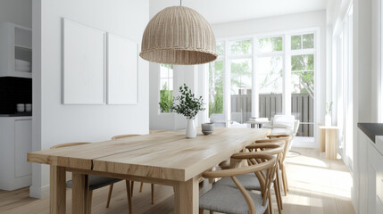 A bright and airy dining room with a large wooden table, simple chairs, and a statement pendant light, perfect for gatherings.