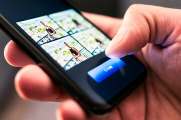 Ai image generator. Photo content by artificial intelligence in phone. Prompt from text to picture. Art work app. Computer generate and draw realistic people. Man using smartphone to render.