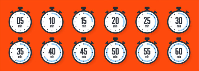 Stopwatch icons. Colorful simple chronometer, time counter with dial. Countdown timer showing hours and minutes. Deadline, measurement for sport. Cooking time label, sticker. Vector illustration