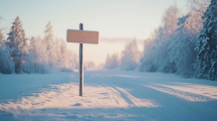 Winter road with an empty cream container on a snow-covered signpost.