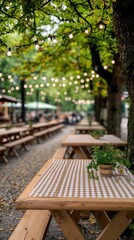 Outdoor dining area with tree canopy, string lights, and wooden tables.