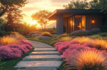  A modern house surrounded by tall grasses and colorful flowers, with a stone path leading to the entrance. 