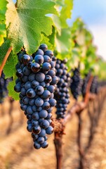 Fototapeta premium Fresh blue grapes hanging on vine in a vineyard, natural light, outdoor setting