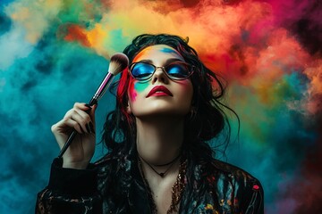 Fototapeta premium Female, makeup artist, wearing modern, professional, and stylish attire for the service industry, artful 