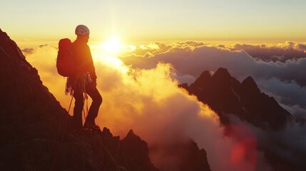 Obraz premium Climber on top of mountain with cloud and sunset view