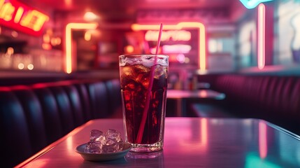 A glass of soda with a straw on the table in a retro diner, with neon lights, a cinematic and dynamic composition