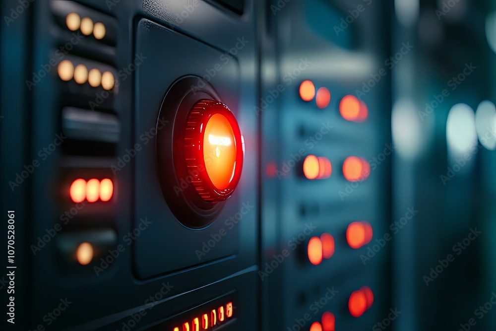 Poster close-up view of a glowing red button on server equipment in a dimly lit data center, highlighting t