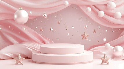 Elegant holiday display podium on a pastel pink background with subtle Christmas elements like stars and baubles, ready for product showcase.