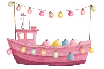 Watercolor Illustration of a Pink Boat with Colorful Lights.