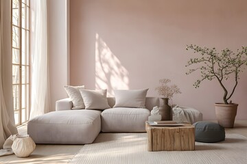 Modern living room with pink wall, sectional sofa, and wooden coffee table.