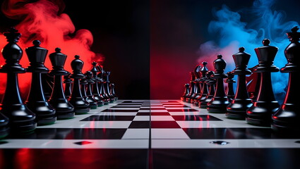 Naklejka premium Dramatic Chess Battle Scene in Red and Blue Smoke Atmosphere