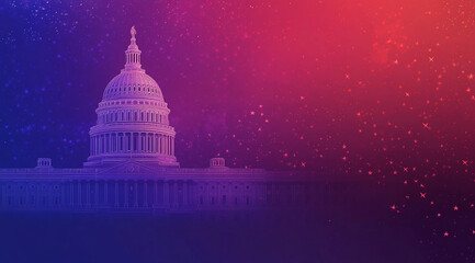 White US capitol building at left with stars red white blue election political background room for copy text