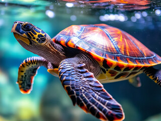 A close-up of a turtle swimming in its tank, its legs paddling slowly as it glides through the water.