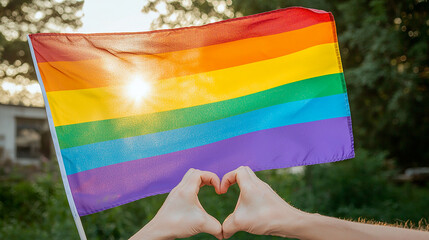Hands forming heart with rainbow flag, LGBTQ+ pride