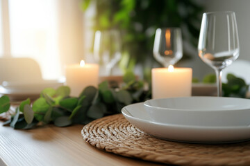 A close-up of a wooden dining table set with elegant tableware, candles, and fresh greenery for a minimalist, nature-inspired