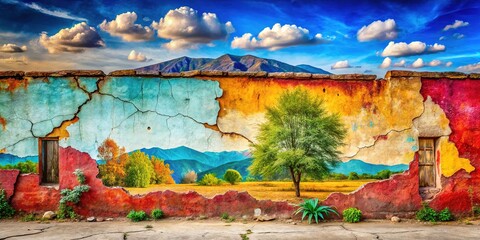 Cracked Wall Landscape Background, Abstract Art, Artistic Wall, Vintage Style, Grunge, Painted Wall, Texture, Aged, Rustic, Backdrop, Photography, Landscape, N