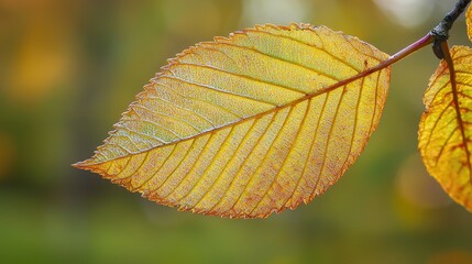 Fototapeta premium Close-up of a yellow leaf on a branch with a blurred background.