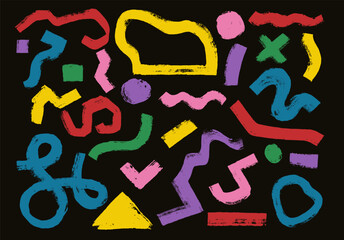 Abstract dry brushes playful colored shapes in doodle grunge style. Vector handmade dry brush asterisk, squiggles, circles, sign, dots and wavy bold lines. Template with bold geometric elements.
