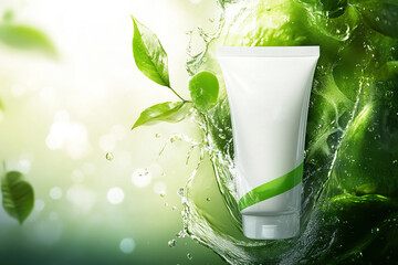 Cosmetic cream tube surrounded by green leaves and water splashes, symbolizing freshness, nature, and hydration, ideal for skincare or organic beauty product promotion