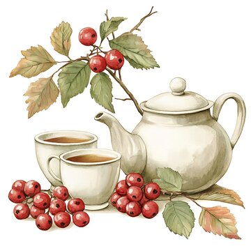 watercolor teapot, cups, berries, leaves clip art preview