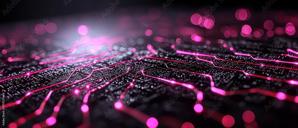 Poster abstract close-up of illuminated circuit board with pink highlights in dark background