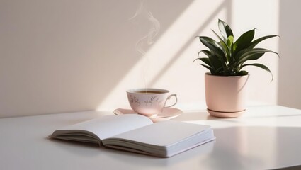 Minimalist Pastel-Themed Desk with Notebook, Hot Beverage, and Small Potted Plant