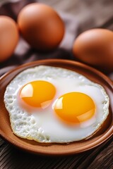 Two Sunny Side Up Fried Eggs on a Rustic Ceramic Plate With Fresh Eggs Breakfast Time Treat