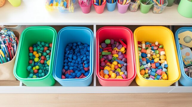 Organized children's play area featuring labeled bins for toys, encouraging effective clean-up and fostering a fun, structured environment for playtime activities - Powered by Adobe