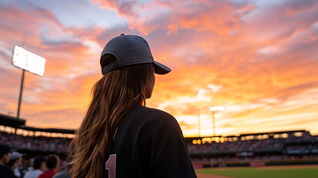 Dynamic Female Baseball Influencer in Full Pitching Motion - Vibrant Sunset Sky and Cheering Fans Create an Inspiring Sports Scene