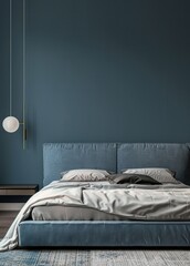 A minimalist bedroom with a blue wall. a bed with white and blue linens. a small nightstand with two vases of green plants. and three hanging light bulbs
