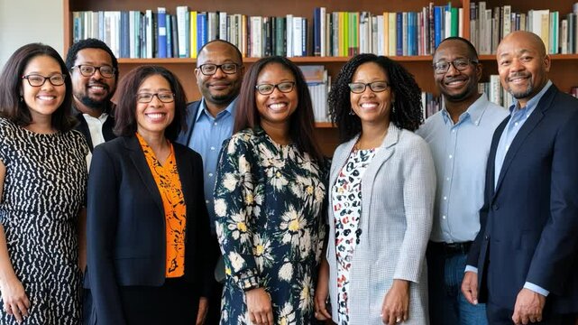 A multiracial group of people poses for a photo in front of a bookcase. The scene is cheerful and friendly. Everyone smiles and looks at the camera.