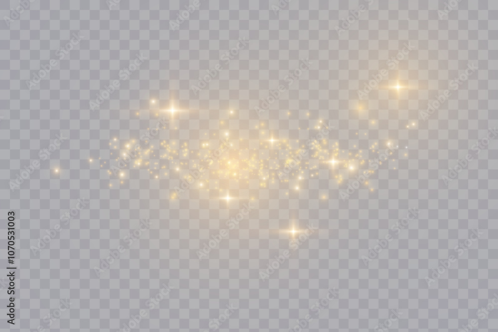 Poster Bokeh glow background of sparkling dust, gold dust light, background with bokeh light effect, yellow shimmering glow with bokeh and glitter light. Vector