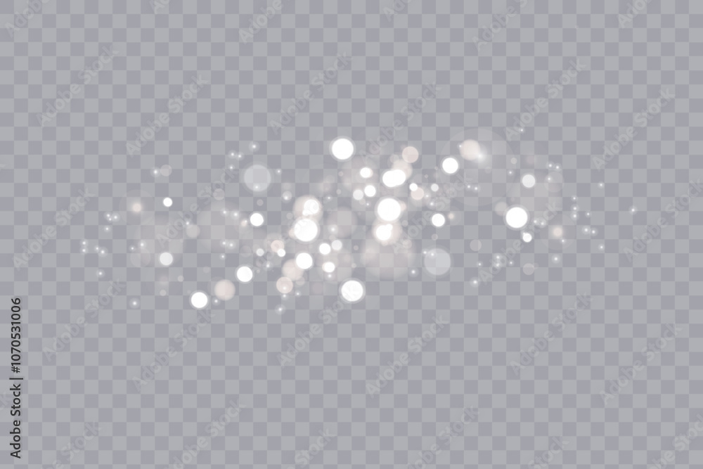 Poster Gold dust light bokeh. Christmas glowing bokeh and glitter overlay texture for your design on a transparent background. Golden particles abstract vector background.