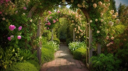 Serene Floral Pathway Through Lush Garden Archway