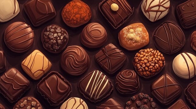 Different delicious chocolates candies on a brown background. Illustration.