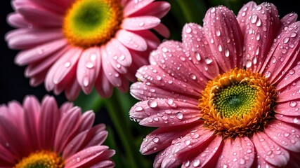 Delicate pink gerberas, glistening with water droplets.