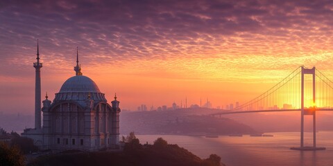 Obraz premium A stunning view of Istanbul's skyline at sunset, featuring the iconic Suleymaniye Mosque and the Bosphorus Bridge. The city's beauty shines through, making Istanbul a top travel destination.
