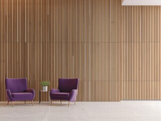 Two purple armchairs facing each other in front of a wooden slat wall with a potted plant