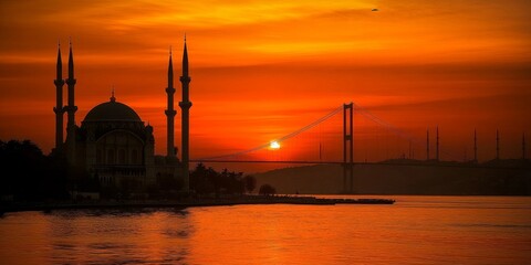 Naklejka premium A stunning view of Istanbul's skyline at sunset, featuring the iconic Suleymaniye Mosque and the Bosphorus Bridge. The city's beauty shines through, making Istanbul a top travel destination.