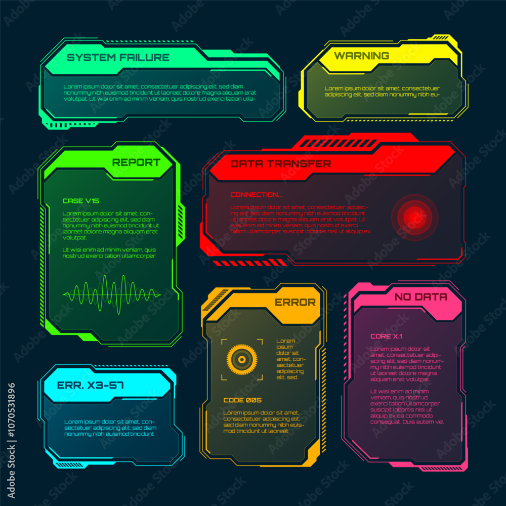 Poster futuristic hud or ui elements. sci-fi user interface text boxes, callouts. colorful warning message 