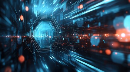 An abstract tech-inspired background with hexagonal shapes, transparent layers, and electric blue accents, giving a digital, futuristic appeal