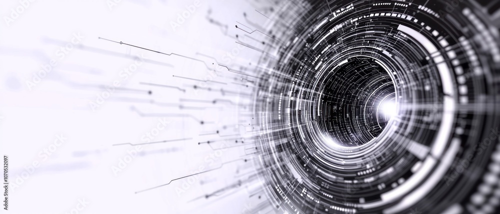 Poster exploring a swirling digital vortex of technology and light in abstract art