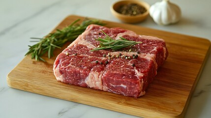 Raw beef with rosemary and spices on cutting board, raw, beef, meat, rosemary, spices, cutting board, fresh, ingredient