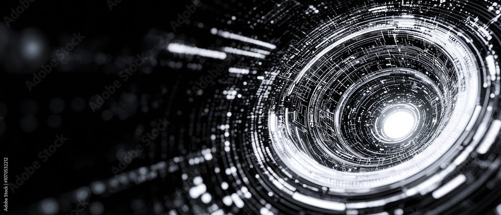 Poster exploring a cosmic vortex of light and particles in a dark space environment