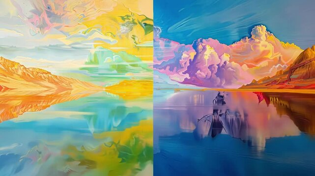 An oil painting depicting multiple versions of a serene landscape each overlapping and blending into the next symbolizing the fluid nature of superposition states.