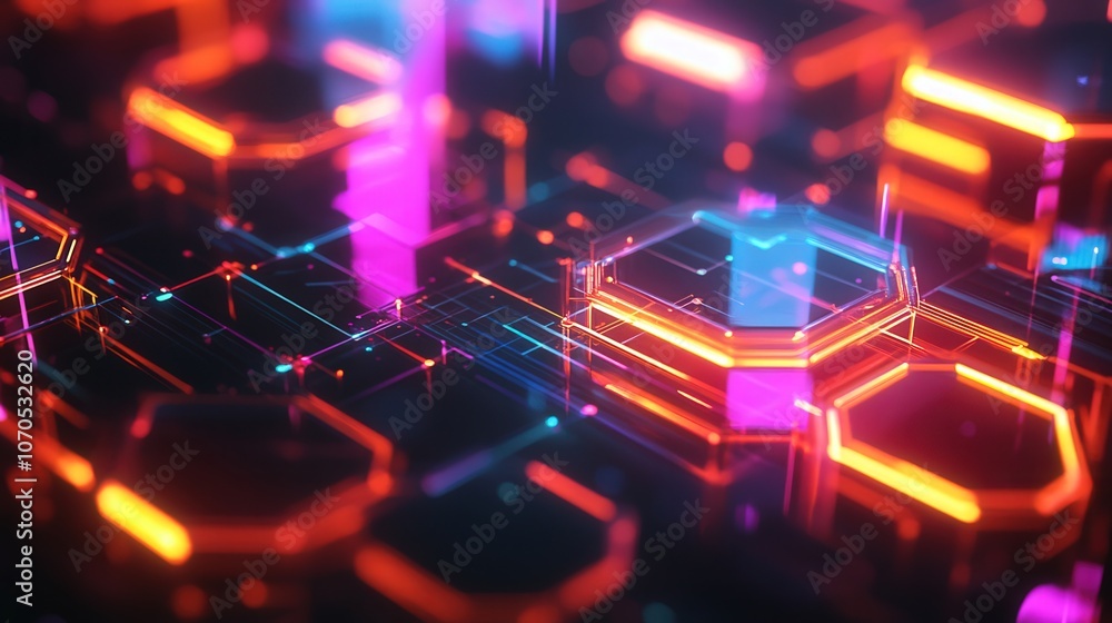 Poster an abstract tech-inspired pattern with layered, transparent hexagonal shapes and vivid neon outlines