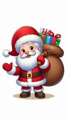 Cheerful Cartoon Santa Claus Holding Gifts and Bag